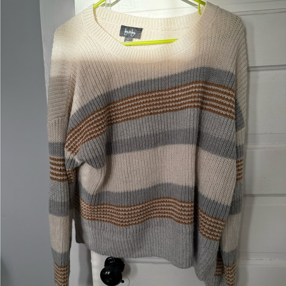 by & by Women's Striped Crew Neck Sweater - Cream, Gray, Brown